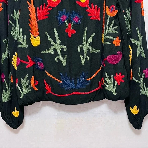 LAURIE FELT Black Peasant Blouse with Multicolor Floral Embroidery - Picture 11 of 16